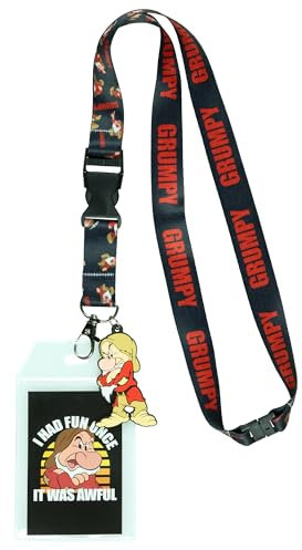Disney Lanière Blanche-Neige avec porte-badge transparent et breloque grincheuse en caoutchouc de 6,3 cm