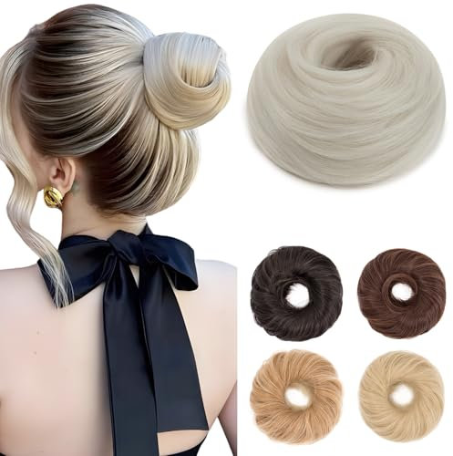 Benehair Haarteil Mit Gummiband Dutt Haarteil Haargummi Mit Haaren Synthetisch Haarverlängerung Haardutt Messy Bun für Damen Mädchen(Platinblond, 55g)