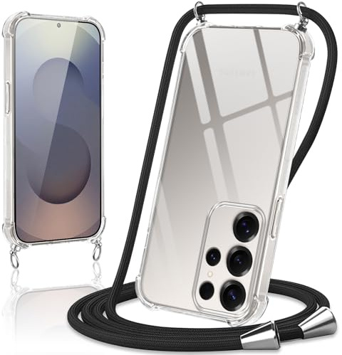 Coiwxmoi Handyband Handyhülle für Samsung Galaxy S25 Ultra 5G Hülle mit Band 6,8,Transparent Case mit Kette Abnehmbar zum Umhängen Kordel Schutzhülle,Weich Silikon TPU Stoßfest Cover,Schwarz