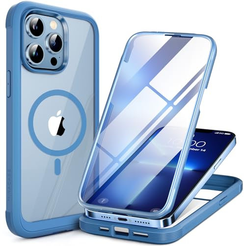 Miracase Magnetic Case for iPhone 13 Pro Case 6.1-Inch, [Built-in 9H Tempered Glass Screen Protector] Full Body Bumper Shockproof Cover with Clear Back, Compatible with MagSafe (Capri Blue)
