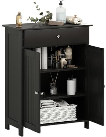 LIFEZEAL Badezimmerschrank, Badschrank mit Schublade und 2 Türen, Badkommode mit höhenverstellbaren Einlegeböden, Freistehender Aufbewahrungsschrank (Schwarz)