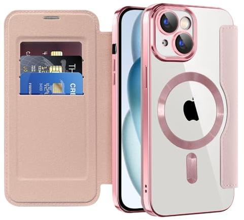 QIWEIQING Case for iPhone 15 with Card Holder. Rose Gold JDC | Compatible with MagSafe, RFID Blocking, Shockproof, Premium Leather Flip Wallet Cover, Magnetic Clear Silicone Back