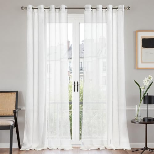 TOPICK White Linen Look Net Curtains, Eyelet Sheer Voile 2 Panels W55 xL96 | Semi Transparent Long Woven Curtains for Living Room, Bedroom, Nursery, Office, 96 Inch Drop