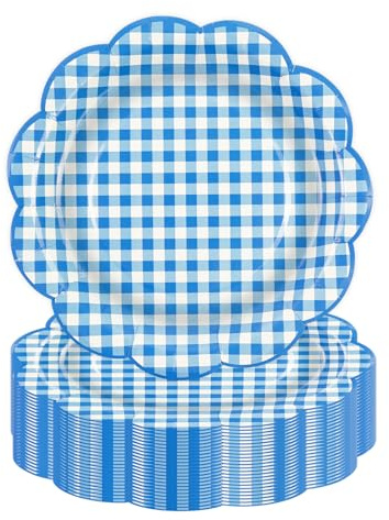 DHAIQC 50Pcs Blue Gingham Paper Plates, 7Inch Scalloped Paper Plates Cake Dessert Plate for Birthday Family Dinner Picnic Baby Shower Wedding Party Supplies (Blue)