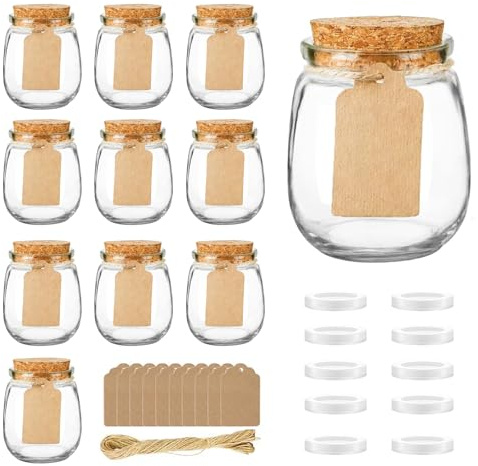 ZhouZGlass 10 Pack Empty Candle Jars, 3.5 oz Mini Yogurt Jar with Cork Lids | Honey Jars with PE Lids for Wedding, DIY Gift, Baby Shower, Spices, with Twine, Labels, Tags