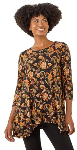 Roman Originals Hanky Hem Tunic Top for Women UK - Ladies Longline Blouse Asymmetric Hemline Casual Slouch Loose 3/4 Sleeves Round Neck Relaxed Comfortable Holiday - Orange Noir - Size 14