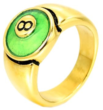 HIJONES Damen Herren Edelstahl Hip Hop Billard 8 Ball Ring Punk Runde Statetment Band Biker Schmuck Goldgrün Größe 57 (18.1)