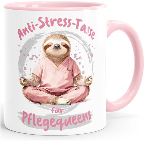 MoonWorks® Kaffee-Tasse Geschenk Pflegequeens Anti Stress Bürotasse Faultier Lustig Arbeit Job Keramikbecher Weiss-innen-rosa standard