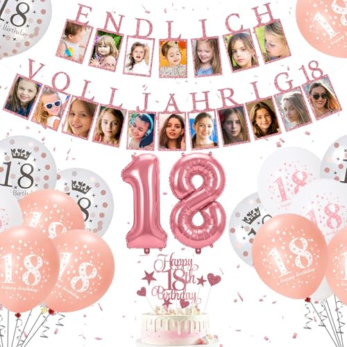 Deko 18. Geburtstag Junge & Mädchen Fotogirlande, Endlich Volljährig 18 Party Deko, Meilenstein 18. Geburtstagsdeko, Rosa Fotogirlande Banner, Kuchenstiel, Luftballons für Geburtstagsparty