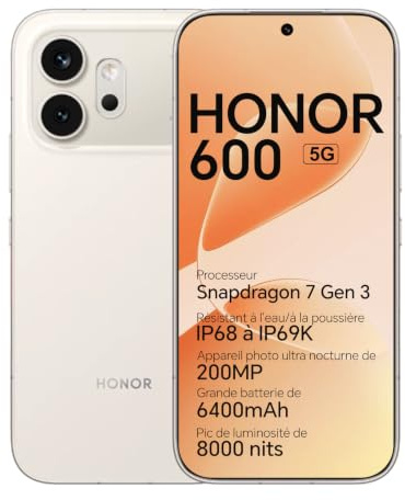 HONOR 600 5G Smartphone, 8+256GB, Pantalla AMOLED 6,57 120Hz, Cámara 200MP, Batería 6400mAh, Carga 80W, IP68/IP69K (Golden White, 256, GB, 8, GB)
