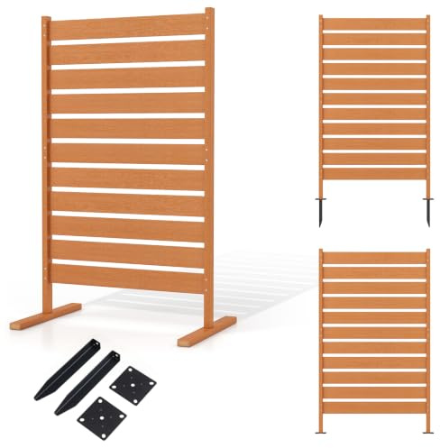 COSTWAY Gartenzaun wetterfest, 93 x 154,5 cm, Sichtschutzzaun Holzoptik | Zaun mit Spießen aus HIPS & Metall, Paravent Raumteiler Outdoor, freistehender Sichtschutz für Garten Terrasse, Braun