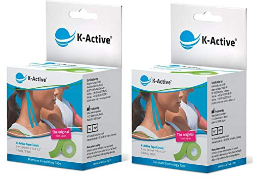 K-Active Kinesiologie Tape Classic GRÜN, wasserabweisend und hypoallergen, 50 mm x 5 m, 2 Rollen