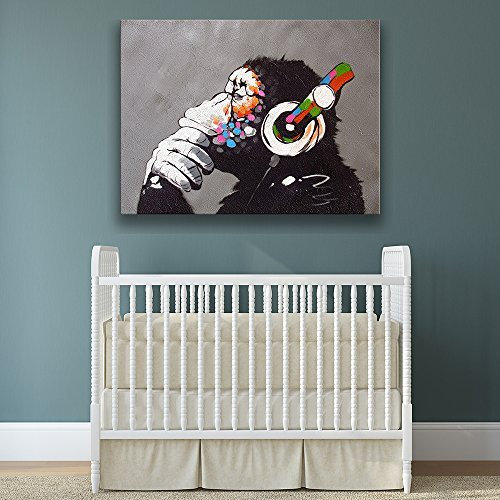 Banksy Affe Mit Kopfhörer Wandkunst Leinwand-druck / Buntes Schimpanse Gelistet Musik Ohrhörer Drucken / Street Art Graffiti Bedruckbare - 40x30 cm