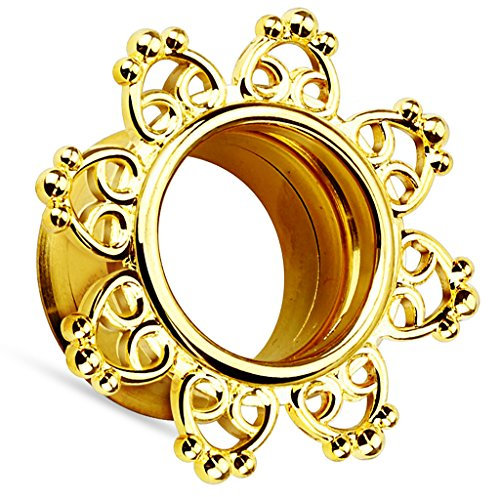 Piersando Flesh Tunnel Ohr Plug Piercing Ohrtunnel Ohrpiercing Schmuck Edelstahl Schraub Vintage Tribal Ethno Boho Hippie mit Herzen Mandala Sonne Motiv Gold IP 3mm