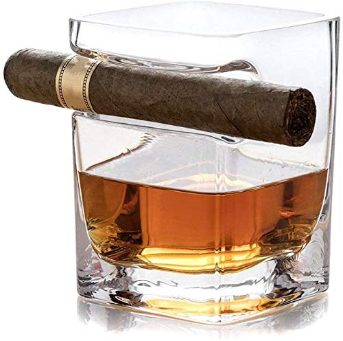 DAH Whiskyglas mit Zigarrenhalter mit eingebauter Zigarrenablage, freihändig für Zigarrenliebhaber Old Fashion Ultra Clear Cigar Glass, 320 ml (Square)
