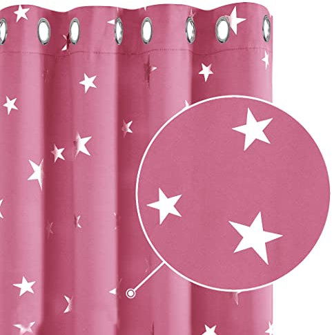 Deconovo gardinen Verdunkelung für Schlafzimmer Thermogardinen Dicke Vorhänge mit Ösen Vorhänge mit Muster Sterne, 160x132 cm(HöhexBreite), Rosa, 2er Set
