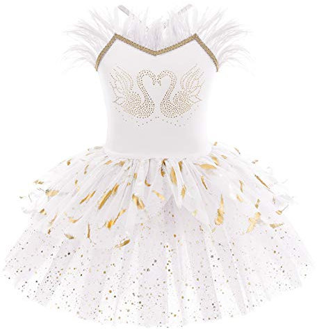 IMEKIS Mädchen Ballett Tanzkleid Ärmellose Prinzessin Schwan Ballerina Dancewear Gymnastik Trikot Tutu Glänzend Rüsche Tüll Rock Athletisch Kostüm Weiß 01 5-6 Jahre
