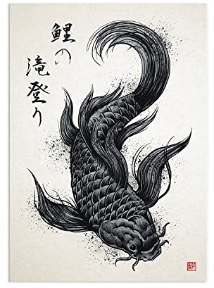 Strand Clothing Japanische Ukiyo-e-Kunstdruck-Poster, Holzblock, Koi-Karpfen und Kalligraphie, Wanddekoration, ungerahmt, A3, mittelgroß