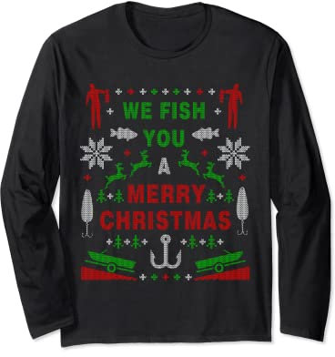 Lustiger Weihnachtspullover für Barsch und Angeln Langarmshirt