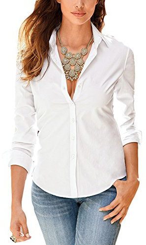 Tidecc Women's Office Shirt - Long Sleeve Button Down Lapel Business Work Blouse (White, 2XL (UK 14-16))