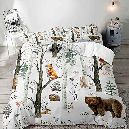 VIVIHOME Parure de lit 2 pièces avec housse de couette motif animaux de la forêt, housse de couette blanche pour garçons et filles, motif dessin animé, ours, cerf, renard, loup, lapin, cabane rustique