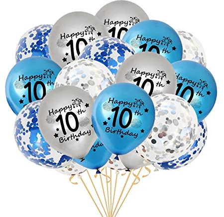 Happy 10. Geburtstag Latex Ballons, 20 pcs: Blau, Silber und Konfit Confetti Ballons mit Bändern zum 10 Jahre Jungen-Geburtstag