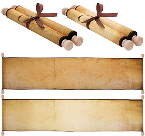 2 Pack Vintage Blank Paper Scrolls Wrapped on Wood Rod - Long Aged Scroll for Writing, Drawing, Calligraphy - 7.3 x 30-32 Inches