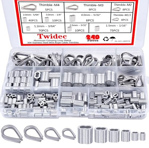 Twidec/240PCS 304 Stainless Steel Wire Rope Cable Thimbles and Aluminum Crimping Loop Sleeve 3/64''-5/32 for Wire Rope Cable Thimbles Rigging Assortment Kit N-023-240PCS