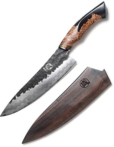 MITSUMOTO SAKARI 8 inch Hand-Forged Damascus Kitchen Knife, Professional 440C Japanese Gyuto Chef Knife, Advanced Art Forging Chef's Knives (Maplewood Handle & Gift Box)