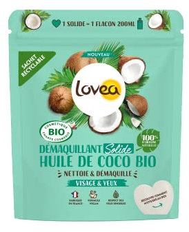 LOVEA - Démaquillant Solide - Huile De Coco Bio - Nettoyant & Démaquille le Visage - Convient Aux Yeux Sensibles - 100% D'Origine Naturelle - Vegan - Certifié BIO - Fabriqué En France - 50 g