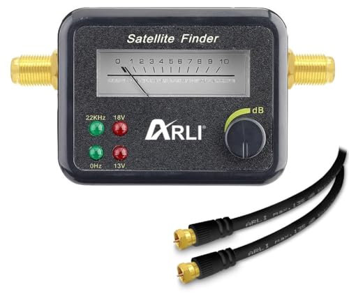 ARLI Satfinder – Digitaler Satelliten Finder mit Pegelanzeige & Signalton + 1m Anschlusskabel schwarz 135 dB 5-Fach geschirmt vergoldete F-Stecker