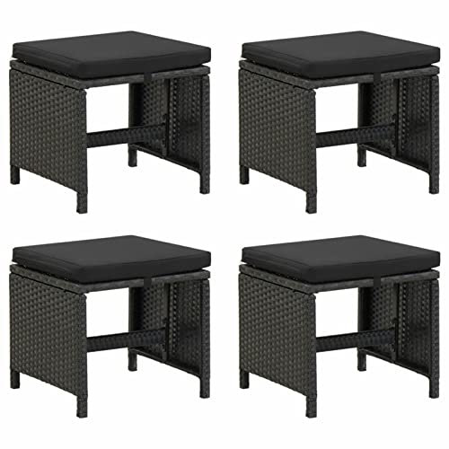 SHUJING Gartenhocker 4 STK. mit Sitzkissen, Hocker Outdoor, Gartenmöbel, Sitzhocker, Beistelltisch Outdoor, Pflanzen Hocker, Blumenhocker, Poly Rattan Schwarz