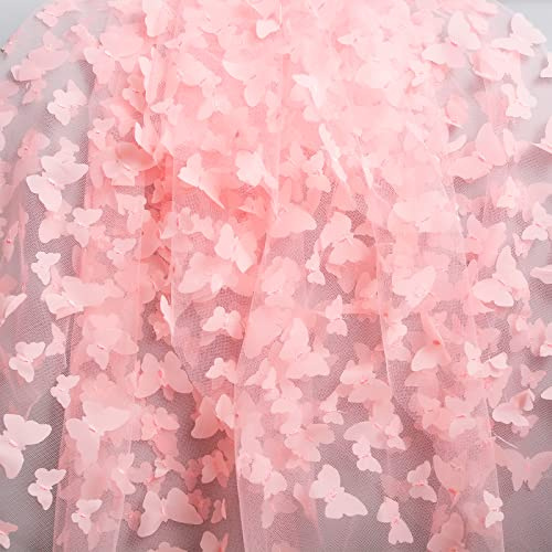 URROMA 1 Yard Stickerei Schmetterling Spitze Stoff, Rosa 3D Schmetterling Spitze Stoff Mesh Tüll Spitze für DIY Hochzeit Kleid Kostüm Zubehör Schleier Home Decor