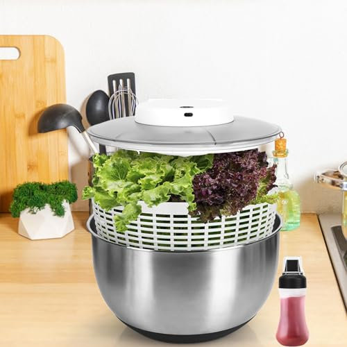 Mlijzard Centrifuga per insalata in acciaio inox, grande, 5 Qaurt, centrifuga elettrica per lattuga per casa, cucina, lavaggio asciugatura verdure a foglia, frutta a foglia, argento