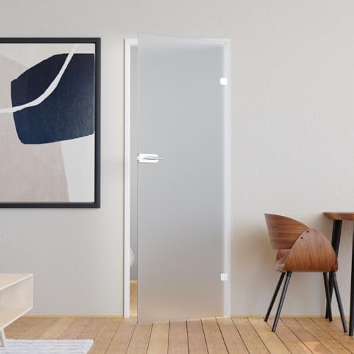 Glastür Komplettset mit Beschlag 709 x 1972 mm Milchglas weiß - Glastüren aus ESG Glas 8mm satiniert - Innentür Glas mit Türgriff Edelstahl eckig unverschließbar DIN rechts