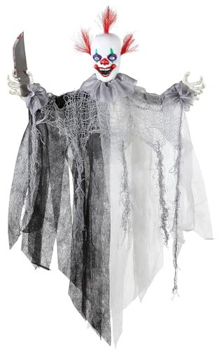 NET TOYS Animierter Horror Clown mit Licht & Sound - Grau 60 cm - Gruselige Halloween-Deko Pennywise Hängedeko