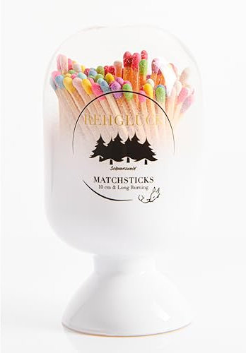REHGLÜCK Schwarzwald, dekorative Glasglocke gefüllt mit ca. 120 10 cm Langen Streichhölzern, inklusive Zündfläche (Weiße Glasglocke - Streichhölzer: holzfarbener Body, Bunte Köpfe)