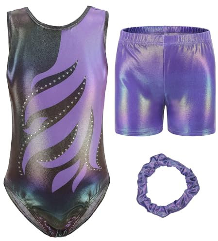 Happy Cherry Body da ginnastica da bambina, a maniche lunghe, senza maniche, per bambini, con pantaloncini, lucido, da ginnastica, da balletto, 5 a 12 anni, Lilla-1, Tag 10 (9-10 Jahre)