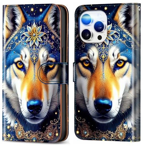 Wallet Case for iPhone 14 Pro 6.1 Print Animal Mable Pattern Design PU Leather Shockproof Flip Cover with Card Slots Holder for Girls Boys - Mandala Wolf