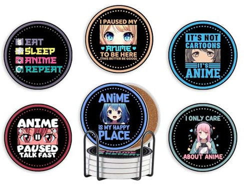 Anime Gifts Untersetzer Keramik 6er Set mit Geschenkbox saugfähig mit Korkboden Geschenke für Anime Liebhaber Wohnkultur für Einweihungsfeier Geburtstag Weihnachten