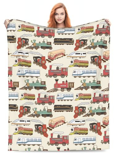 VODRM Niedliche Zugdecke, Geschenke für Kinder, Jungen, für Bett, Wohnzimmer, Bettwäsche, Couch, weich, leicht, warm, gemütlich, lustige Züge, Auto-Überwurf, Decken, Geburtstagsdekoration, 127 x 152,4