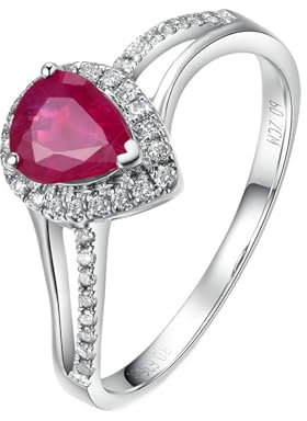 Ring Damen 58, Trauringe Weißgold Damen 18 Karat AU750 Lab Rubin 0.8CT Rosarot Tropfenschliff VVS mit Diamant Natur 0.06CT G Gravur für Neujahr