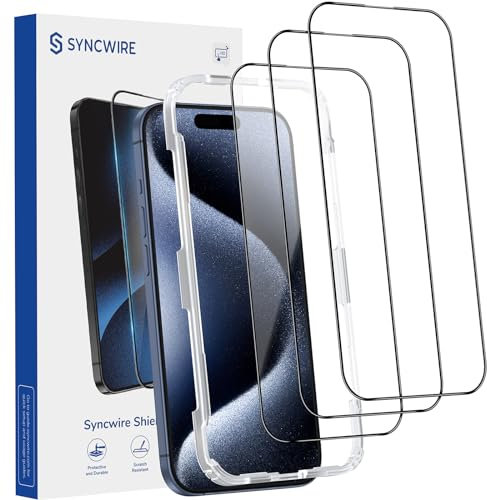 SYNCWIRE 3 Pack for iPhone 15 Pro Max Screen Protector, Full Coverage Military Grade Tempered Glass [9H Hardness] [Bubble Free][99.99% HD] for Apple Promax 6.7