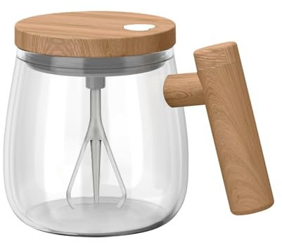 Bodhi2000 Self-stirring Coffee Cup Handheld Stirring Mug Portable Electric Mixing with Wooden Handle 400ml Automatic for Milk Powder Battery Operated Blender Clear 400ML