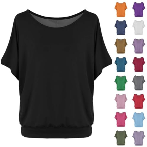 HOOUDO Summer Tops for Women UK Crew Neck Batwing Sleeve T-Shirts Oversized Loose Blouses Shirts Pullover Ladies Casual Blouse Top Tee