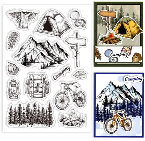 GLOBLELAND Reise Camping Zelt Silikonstempel Berg Bäume Transparente Stempel Lagerfeuer Fahrrad Kompass Klare Stamps Für Karten Herstellung DIY Scrapbooking Basteln