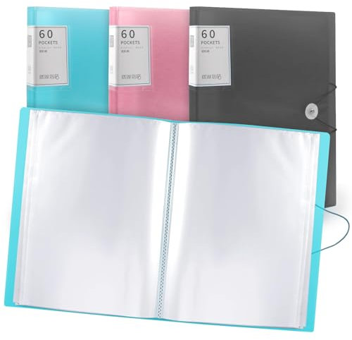 Porte-Vues A4, 60 Poches, Pochettes En Plastique Et Corde De Sécurité, Dossiers De Présentation, Dossiers De Projet, Pour l'école Et Le Bureau (Bleu)