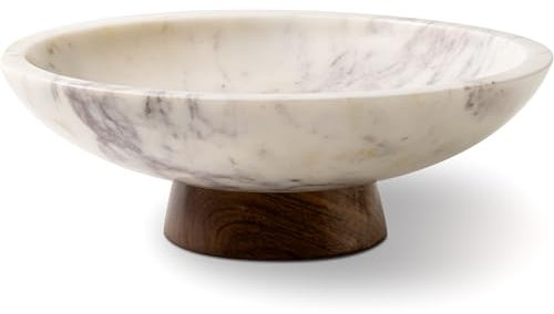 Cork & Mill Marble Decorative Bowl for Home Decor - Handcrafted Natural Stone with Acacia Wood Pedestal - Versatile 11 Catch All for Entryway, Kitchen Fruit Bowl, Potpourri, Dining Table Centerpiece