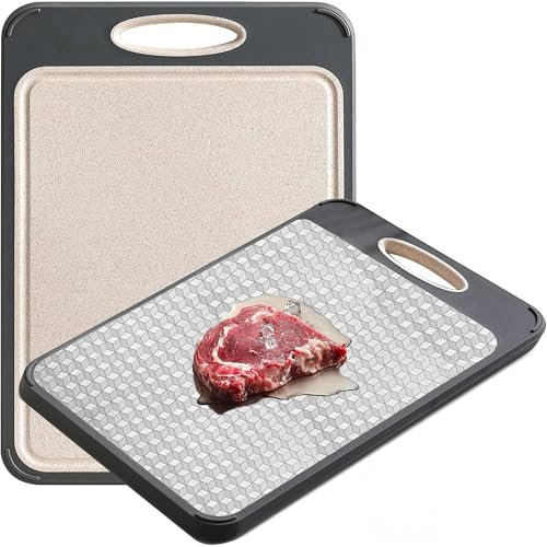 Lustrawin Tabla de cortar de doble cara, tabla de cortar de acero inoxidable 304 para cocina, grande, 16 x 11 pulgadas, paja de trigo PP y tabla de cortar carne de acero inoxidable, grado alimenticio,
