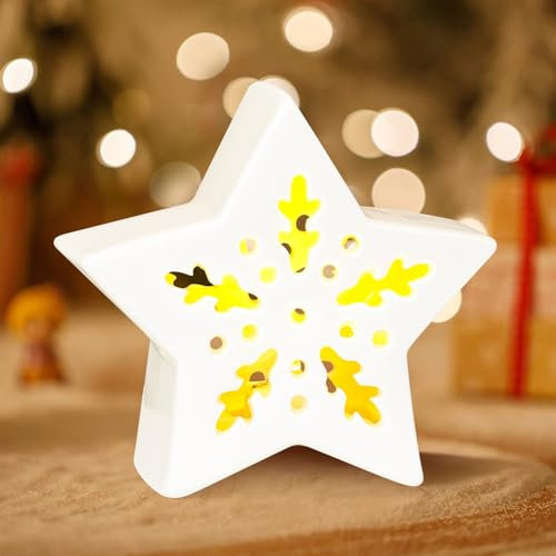 Weihnachtsdeko Keramik Stern mit LED Licht, Porzellan Weihnachtsstern Beleuchtet, Weihnachten Deko Sterne Figur, Weihnachtsbeleuchtung Fensterbank Weihnachten Tischdeko für Neujahr Winter Geschenk